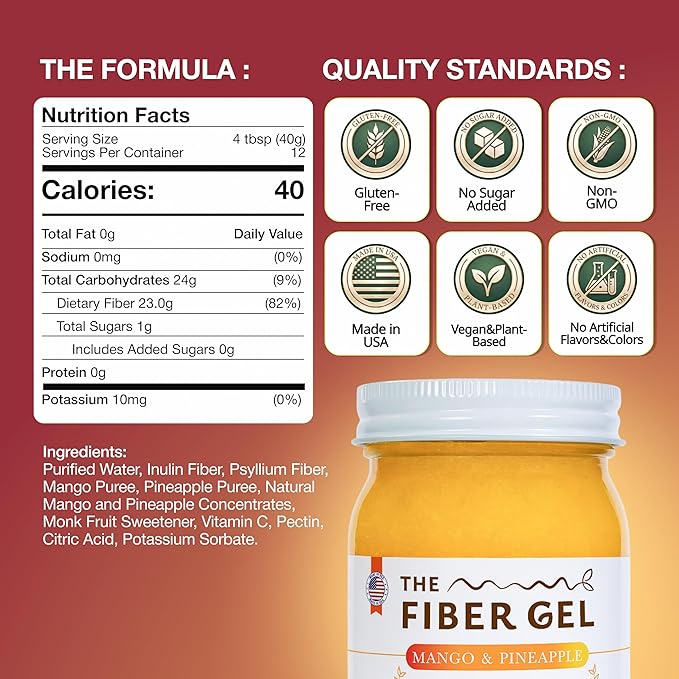 High Dietary Fiber Prebiotic Gel Formula — 100% Natural & Clean Label — Plant-Based Psyllium Husk & Inulin Complex — Keto Friendly, Vegan, No Added Sugar — Mango&Pineapple, 16 oz