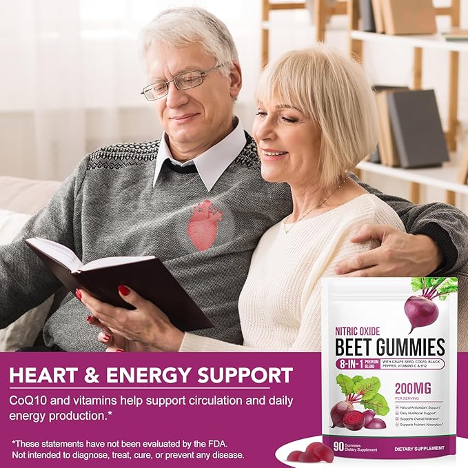 Beet Root Gummies 200mg - 8-in-1 Heart & Circulation Support Supplement - High Potency Beet Chews with Beetroot, Grape Seed, CoQ10, Vitamin C & B12 - Mixed Berry Flavor, Vegan, 90 Count
