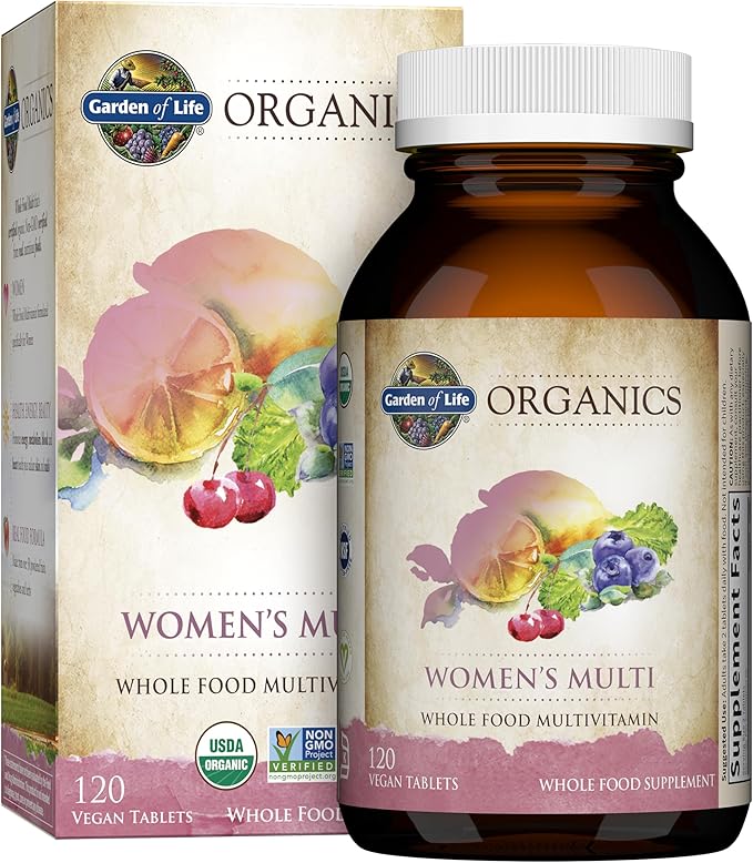 Garden of Life Organics Women's Multivitamin with Vitamin C, D3, Folate, B12, Biotin & Iron – Women's Multivitamin for Energy, Heart Health & Radiant Skin, USDA Organic, Non-GMO, Vegan, 120 Tablets