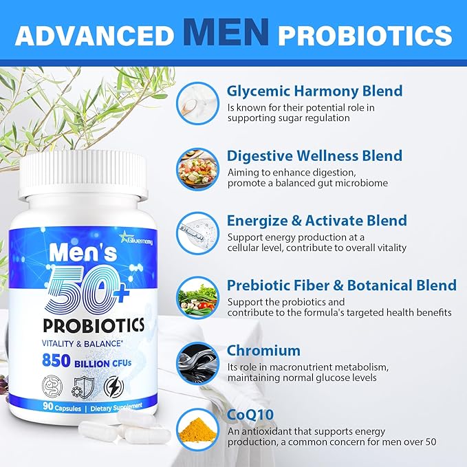 Probiotics for Men, Advanced 50+ Mens Probiotic, Comprehensive Gut & Energy Support with 850 Billion CFU, 1800mg Prebiotics Fiber – Tailored Wellness Mens probiotics for Gut Health Over 50, 360 Caps