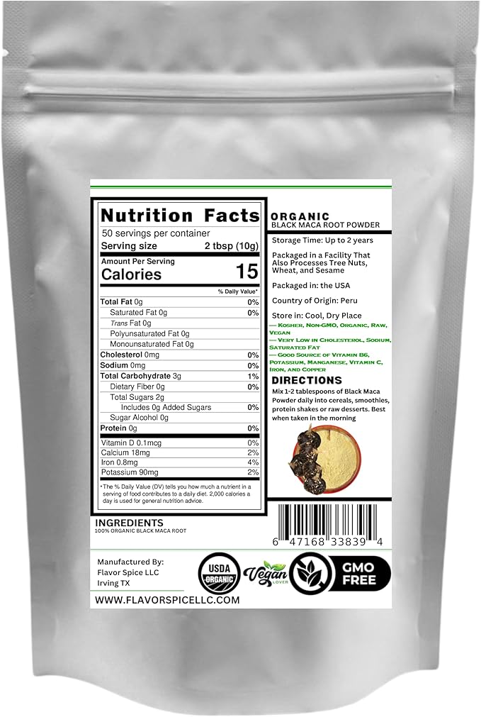 Raw Peruvian Organic Black Maca Powder 1LB | for Men & Women Vegan Superfood, Gluten Free & Non GMO