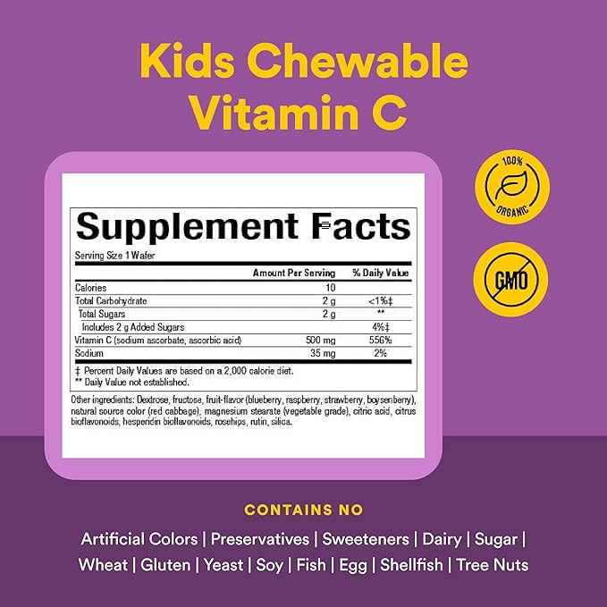 Natural Factors, Kids Chewable Vitamin C 500 mg, Supports Immune Health, Bones, Teeth and Gums, Blueberry, Raspberry and Boysenberry, 90 Count (Pack of 1)