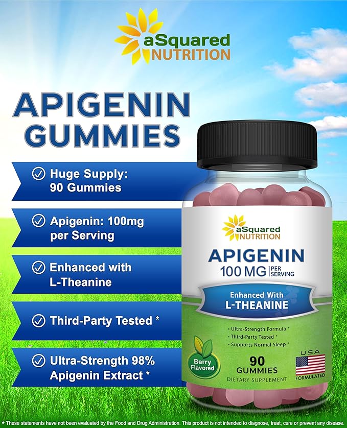 aSquared Nutrition Apigenin 100mg with L-Theanine 100mg Gummies - Apigenin Supplement for Sleep - Natural Extract Gummy Alternative to Capsules, Pills, Powder & Tea - 2 Per Serving (Pack of 3)