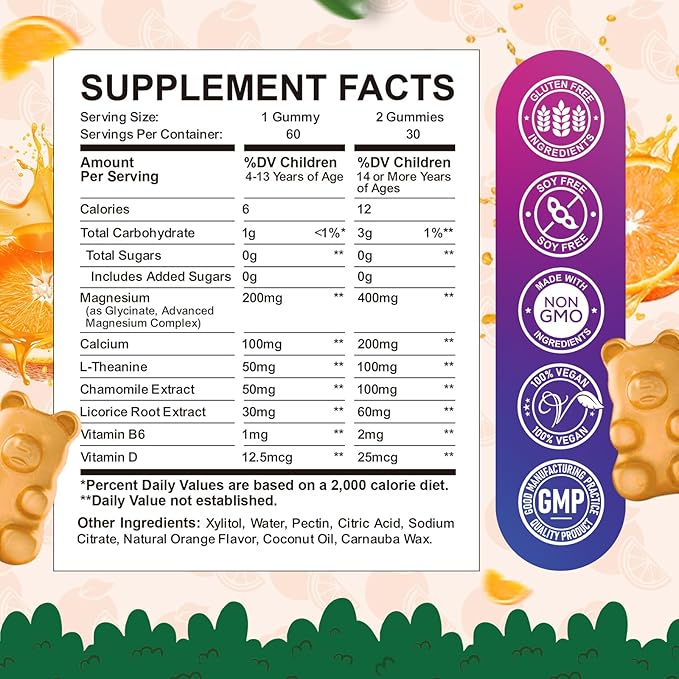 Calm Magnesium Gummies for Kids - Magnesium Glycinate Supplement for Sleep, Brain, Immune & Bone Health - Great Tasting Magnesium Gummies for Kids & Adults - Vegan Sugar Free Orange 60ct