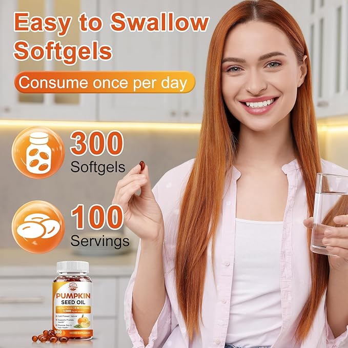 Pumpkin Seed Oil with Saw Palmetto, 3500mg Max Strength per Serving, 300 Softgels, Cold-Pressed with Essential Fatty Acids & Phytosterols, Supports Immune, Hair, Bladder & Prostate Health