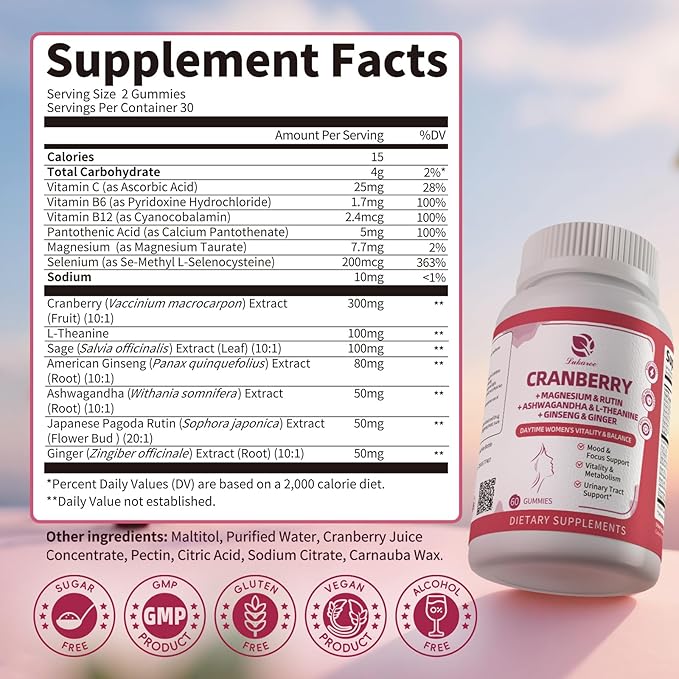 Lukaree Cranberry Gummies for Women – Cranberry Supplement Complex with D-Mannose, Ashwagandha, Magnesium, Ginseng – Urinary Tract, Mood & Energy Support – Daytime Vitality Supplement – 60 Count
