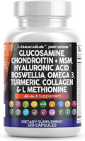 Clean Nutraceuticals Glucosamine 1500mg Chondroitin 1200mg MSM with Turmeric Curcumin, Collagen, Hyaluronic Acid, Omega 3 – Joint Health Supplement for Men & Women – Joint Complex – 120 Count