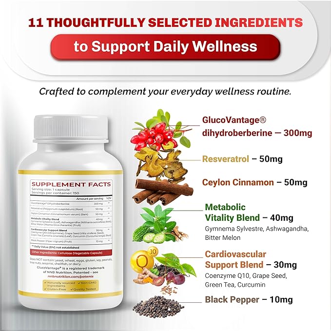 Dihydroberberine - Super Berberine - Patented GlucoVantage 810mg - 5X Absorption - with Resveratrol Cinnamon Grape Seed Extract- Support Metabolism, Digestion