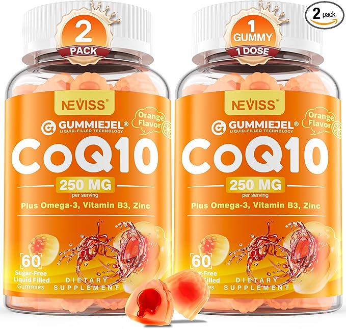 Sugar-Free CoQ10-250mg Filled Gummies - 4 Months Supply - Plus Omega-3, Vitamin B3 & Zinc, High Absorption Coenzyme Q10 Supplements for Hear-t Health, Cellular Energy & Antioxidant Support, 2-Pack