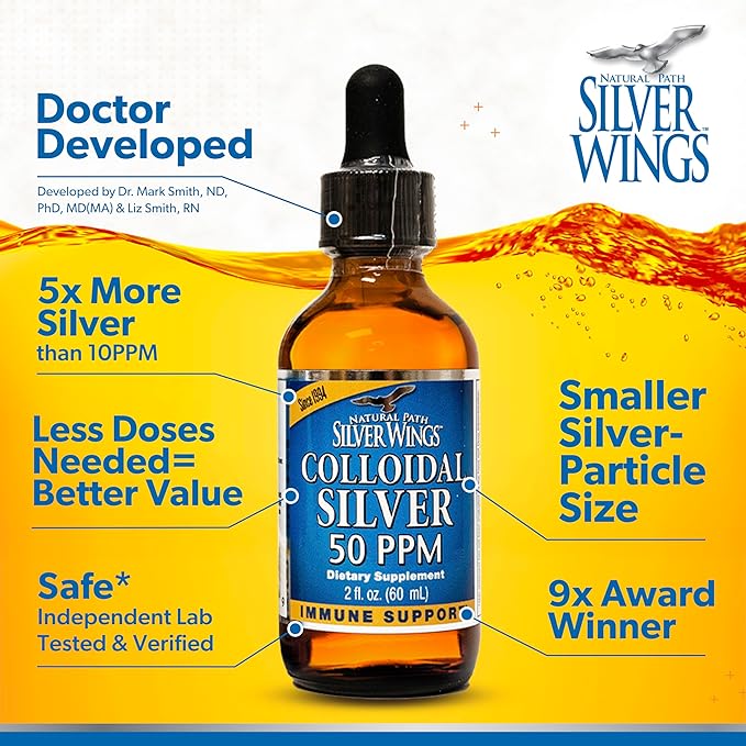 Natural Path Silver Wings Colloidal Silver Liquid - Daily Immune Support Supplement - 50ppm (250mcg) - 2 fl oz Spray