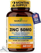 Zinc 50mg Capsules for Men and Women, 60 Count | Highly Absorbable Zinc Supplements for Immune System Support | Zink 50 mg Mono Methionine Chelated Complex | Helps with Skin Health & Overall Immunity
