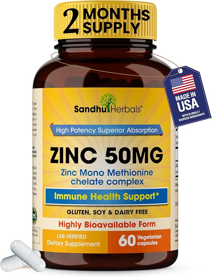 Zinc 50mg Capsules for Men and Women, 60 Count | Highly Absorbable Zinc Supplements for Immune System Support | Zink 50 mg Mono Methionine Chelated Complex | Helps with Skin Health & Overall Immunity