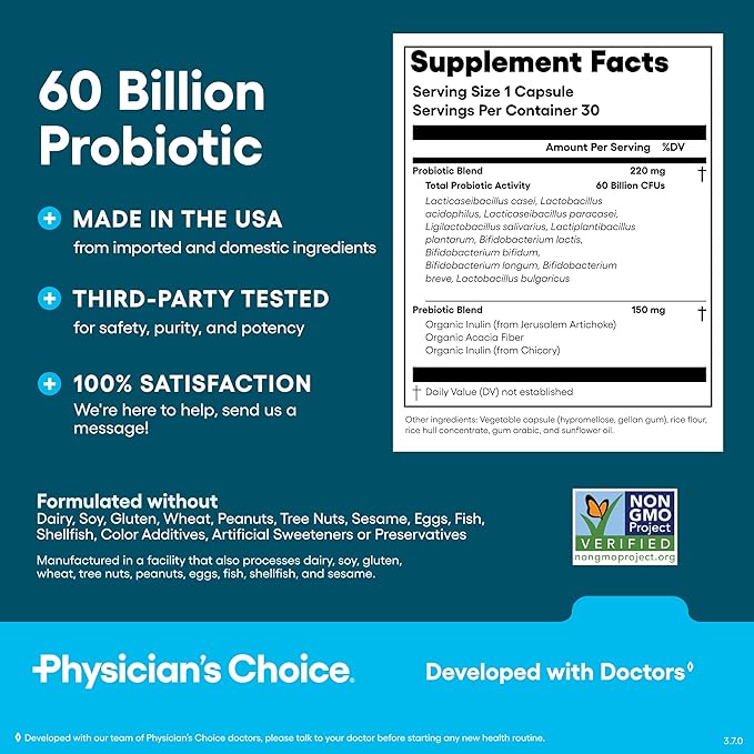 Physician's CHOICE Probiotics 60 Billion CFU - 10 Strains + Organic Prebiotics - Immune, Digestive & Gut Health - Supports Occasional Constipation, Diarrhea, Gas & Bloating - for Women & Men - 30ct