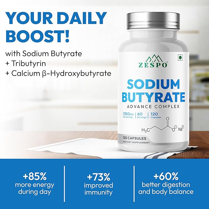 Zespo Sodium Butyrate 1000 mg (1350 mg Advanced Complex) – Micro-Encapsulated Butyrate with Tributyrin, Calcium BHB & Baobab 120 Vegan Capsules (60 Servings)
