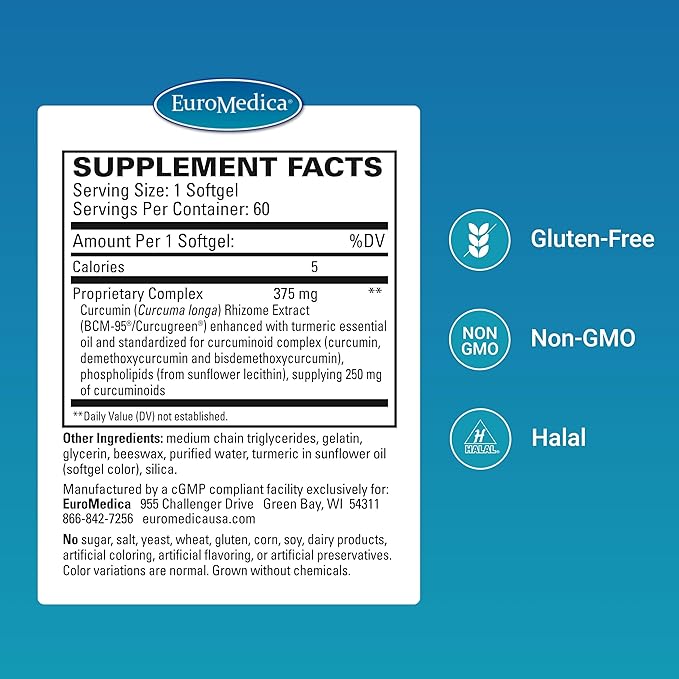 EuroMedica CuraPro 375 mg - Liver, Heart & Brain Health Support - Turmeric Essential Oil for Immune System & Antioxidant Support - Up to 500x Stronger than Turmeric - Non-GMO - 60 Softgels (Pack of 2)