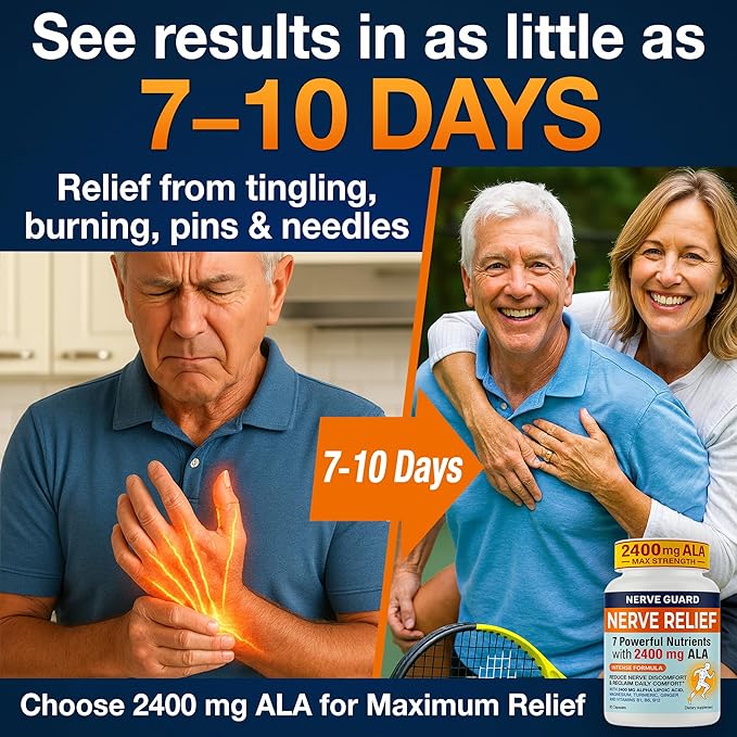 Nerve Relief with 2400 mg Alpha Lipoic Acid – 7 Powerful Nutrients to Support Feet Hands Toes – 2400mg ALA, Vitamins B12 B6 & B1, Magnesium, Turmeric – 60 Capsules