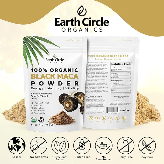 Earth Circle Organics Organic Black Maca Peruvian Root Powder, Black Maca Root for Men, Natural Supplement, Essential Vitamins, Minerals & Fatty Acids Improved Energy, Immune Support (8oz, Pack of 3)