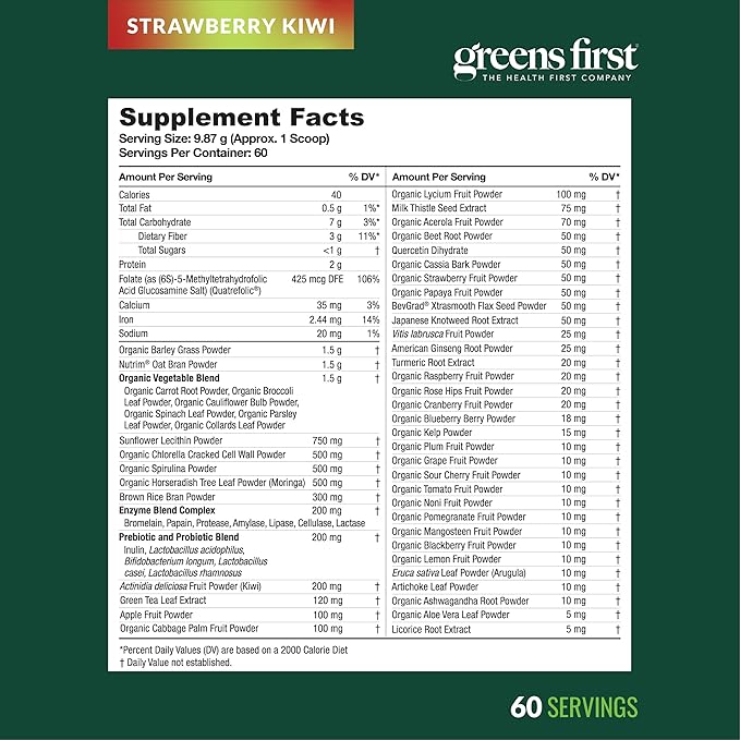 Greens First Original Greens Powder - 49 Superfoods - Organic Fruits & Veggies - Prebiotics, Probiotics & Digestive Enzymes - Antioxidant - Dairy Free/Vegan/Non-GMO (Strawberry Kiwi, 60 Servings)