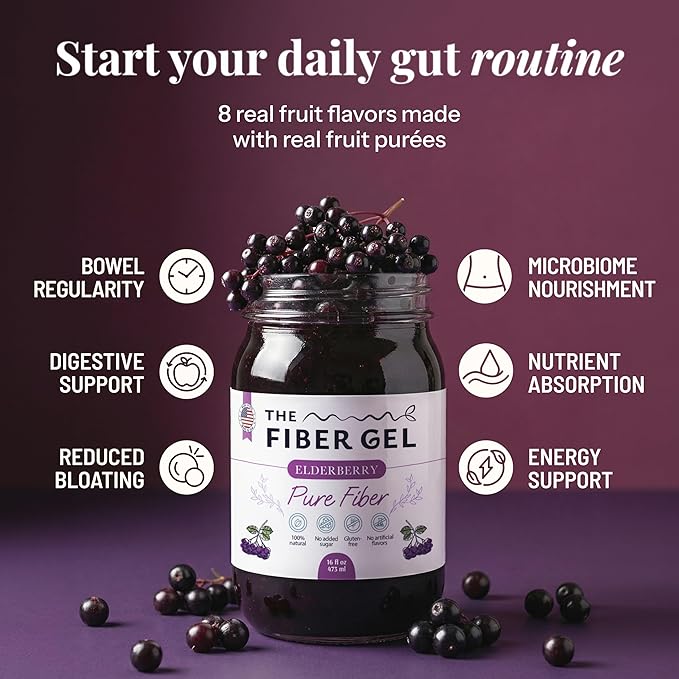 The Fiber Gel High Dietary Fiber Prebiotic Gel Formula — 100% Natural & Clean Label — Plant-Based Psyllium Husk & Inulin Complex — Keto Friendly, Vegan, No Added Sugar — Elderberry, 32 oz