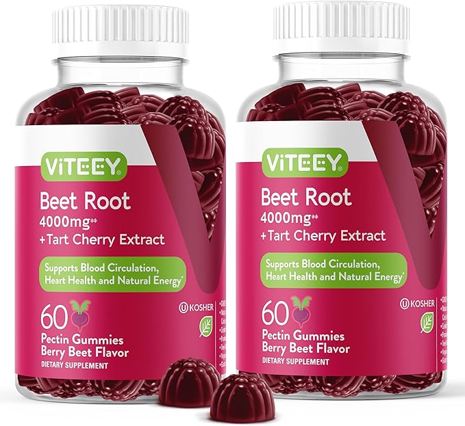 Viteey Beet Root Gummies 4000mg [from 80mg of 50:1 Extract] with Tart Cherry - for Healthy Blood Pressure Support - Vegan, Gelatin Free, Gluten Free-Tasty Chewable Berry Beet Flavored Gummy-120 Count