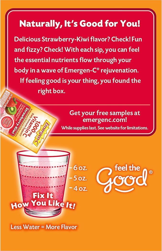 Emergen-C 1000mg Vitamin C Immune Support Powder Strawberry Kiwi 30CT includes Zinc, Manganese, 7 B Vitamins and Electrolytes for Back to School Essentials