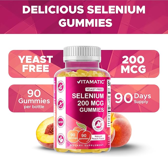 Vitamatic Yeast Free Selenium Gummies 200mcg as Selenomethionine Supplement Essential Trace Mineral with Superior Absorption 90 Pectin Based Gummies