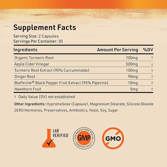 Nature's Base Turmeric and Ginger Supplement - with Curcumin, Apple Cider Vinegar & BioPerine Black Pepper Extract - 95% Curcuminoids - 60 Capsules