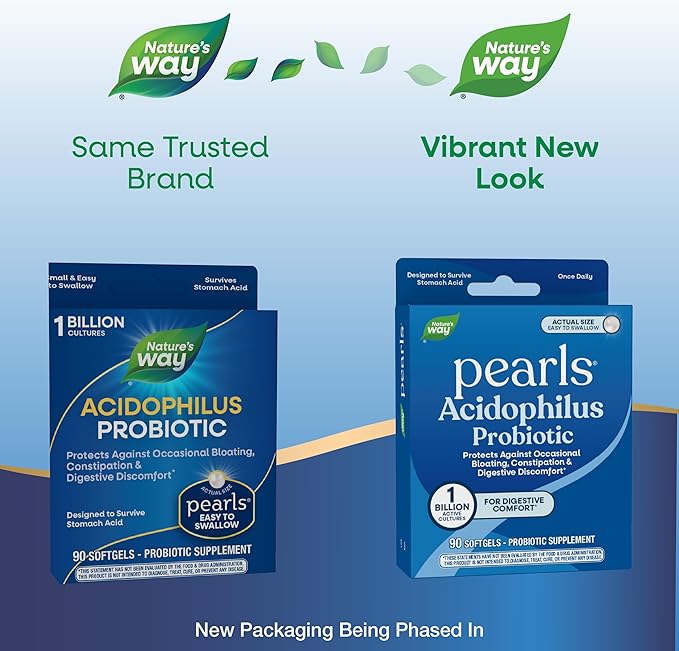 Nature's Way Probiotic Pearls Acidophilus, Supports Digestive Balance & Gut Health, Reduce Occasional Constipation and Bloating*, 1 Billion Cultures, 90 Softgels
