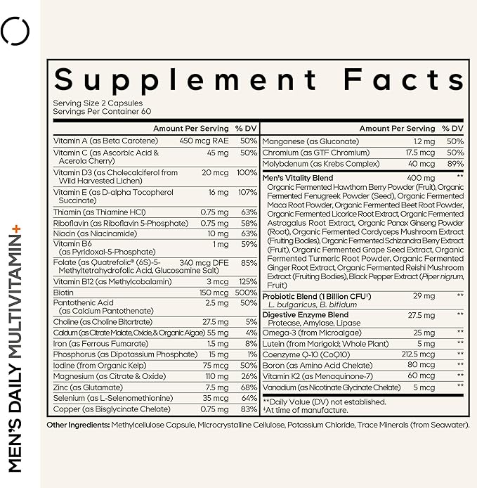Codeage Men’s Daily Multivitamin – 25+ Essential Vitamins & Minerals, Organic Whole Foods, Probiotics, Omega-3, Zinc, Vitamins A, B, C, D, E & K – 120 Capsules