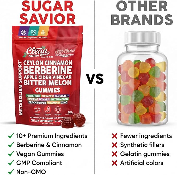 Sugar Savior Ceylon Cinnamon Berberine Gummies Apple Cider Vinegar Artichoke Turmeric Blueberry Ginseng Banaba Bitter Melon Black Pepper Vitamin D Zinc GLP1 Gummies 60 Count by Clean Nutra