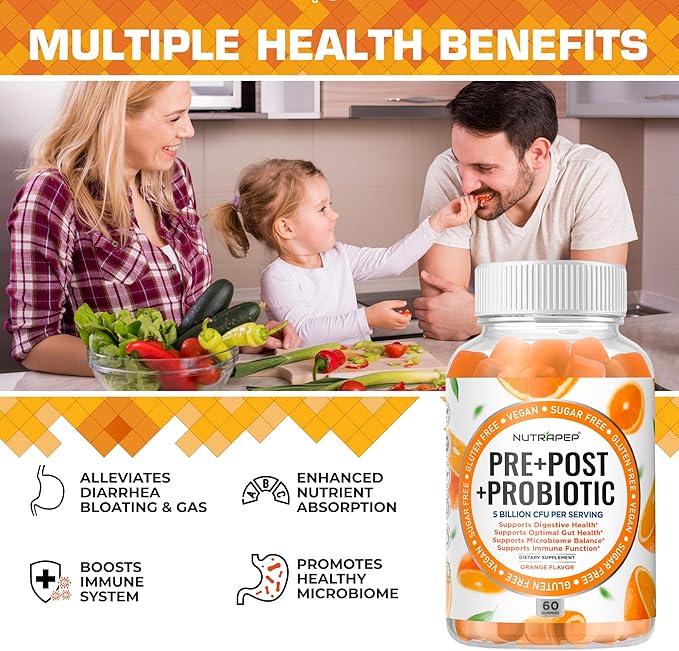 NutraPep Prebiotic Probiotic & Postbiotic Gummies for Women Men & Kids Children - High Potency 5 Billion CFU - Sugar-Free & Gluten Free