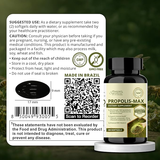 Rawleigh Propolis Max: 60 Vegetarian Softgels - Brazilian Green Propolis with Phenolic, Flavonoid & Artepillin C Compounds & Vitamin E - Supports Immunity, Wellness