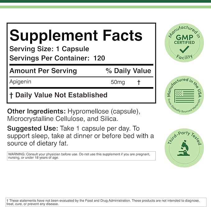 Apigenin Supplement - 50mg per Capsule, 120 Count (Powerful Bioflavonoid Found in Chamomile Tea for Relaxation, Sleep, and Mood) Senolytic Flavonols for Aging (Gluten Free) by Double Wood