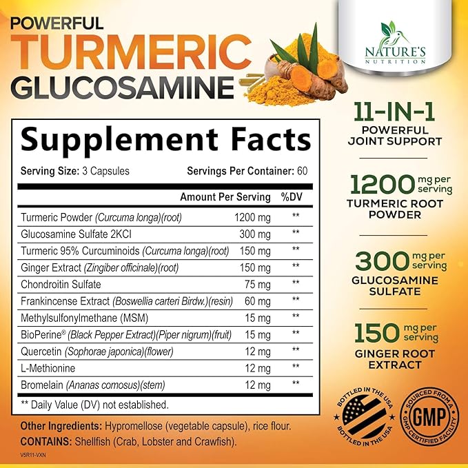 Turmeric Curcumin Supplement - 95% Curcuminoids with Glucosamine, Ginger & MSM, BioPerine Black Pepper Extract for Best Absorption, Natural Vegan Joint Support, Non-GMO, Bottled in USA - 180 Capsules