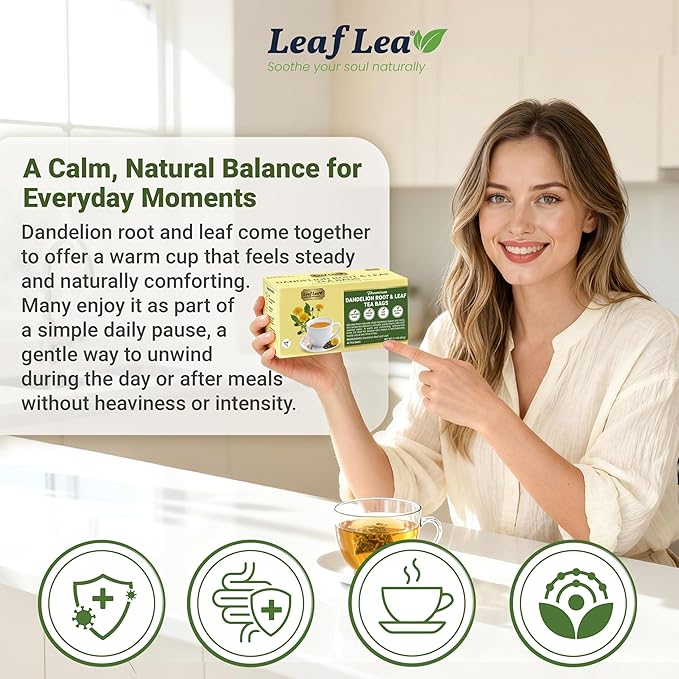 LeafLea 120 Dandelion Root and Leaf Tea Bags, Premium Dandelion Herbal Tea, Natural Dandelion Root Tea Blend with Leaves, Caffeine-Free, Te de Diente de Leon, Pack of 3