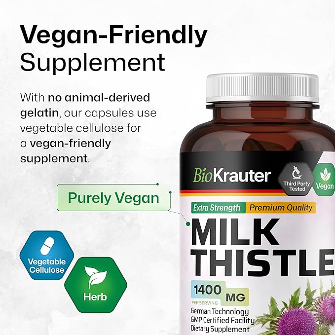 BIO KRAUTER® Milk Thistle Supplement for Liver Cleanse & Detox - Pure Vegan Milk Thistle Extract 1400 mg per Serving Сontains Silymarin - 250 Capsules, 125 Days of Supply, Non-GMO