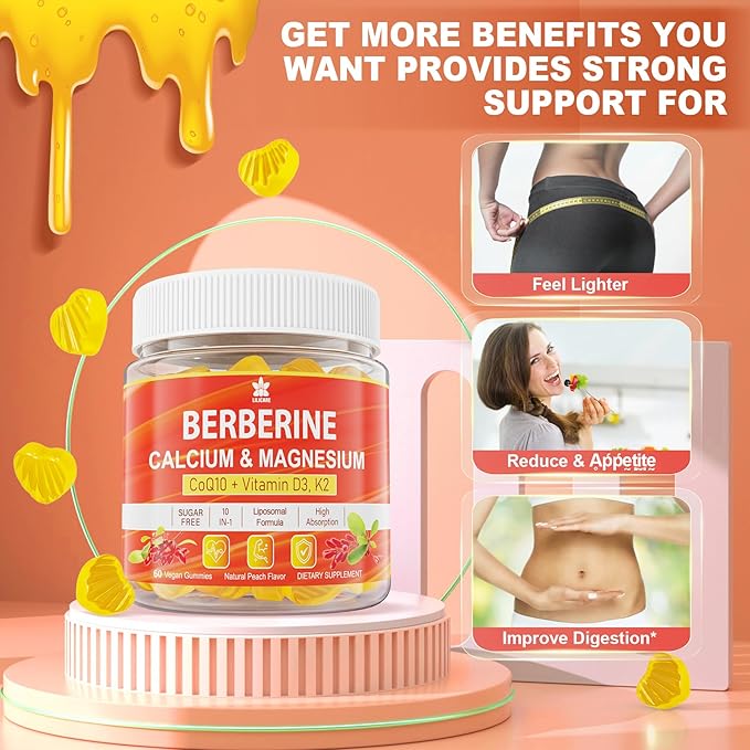 Berberine Supplement Gummies Sugar Free, Extra Absorption with Liposomal Berberine & Berberine HCI, Calcium, Magnesium, AMPK Activitor for Sugar & Level, Immune, Energy, Metabolism -Pack of 2