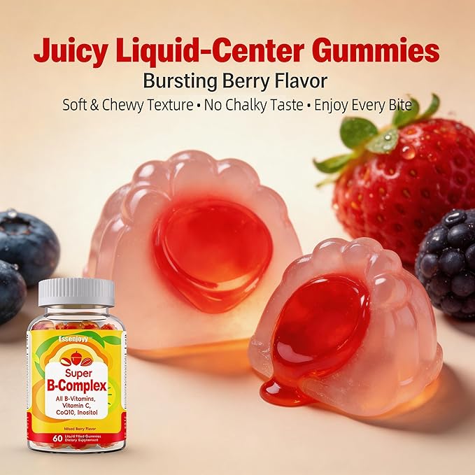 Liquid-Filled B Complex Gummies for Daily Routine, Juicy Berry Flavor, Complete B Vitamins with Vitamin C, CoQ10 & Inositol, Easy to Enjoy, 60 Gummies x 2 (120 Total)