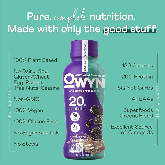 OWYN Only What You Need Plant Based Protein Shake, 20g Vegan Protein from Organic Pumpkin Seed, Flax, Pea Blend, Prebiotic Supplement, Superfood Greens, Gluten (Cookies & Creamless), (Pack of 24)