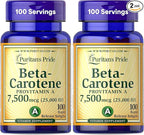 Puritan's Pride Beta Carotene Provitamin A 7,500mcg (25,000 IU), Vitamin Supplement for Immune System, Antioxidant and Eye Health Support, 100 Day Supply, 100 Rapid Release Softgels (Pack of 2)