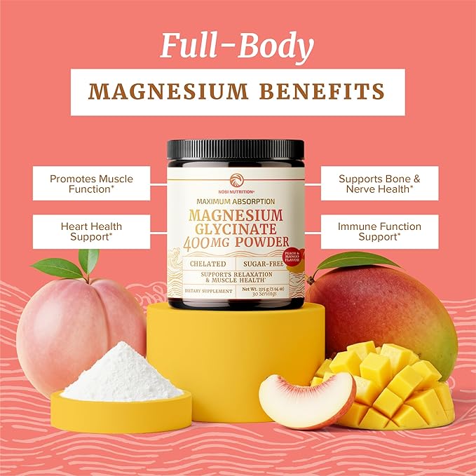 Magnesium Glycinate Powder 400MG | Sleep & Relaxation Support | Peach Mango Flavor, Sugar-Free | High Absorption Chelated Magnesium Powder | Vegan, Gluten-Free, Non-GMO | 30 Servings | 225g (7.94oz)