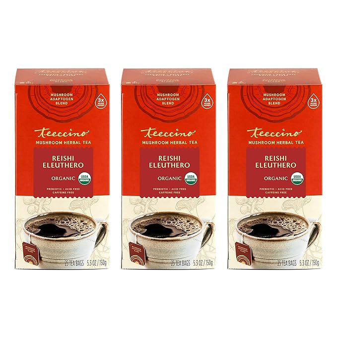 Teeccino Reishi Eleuthero Tea - French Roast - 25 TeaBags, Organic Mushroom Adaptogenic Herbal Tea, 3x More Herbs than Regular Tea Bags, Caffeine Free, Chicory Prebiotic - Pack of 3