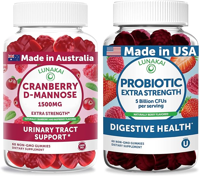 Lunakai Cranberry D-Mannose + Probiotic Extra Strength Gummies Bundle – Naturally Flavored, Non-GMO – 60ct Each