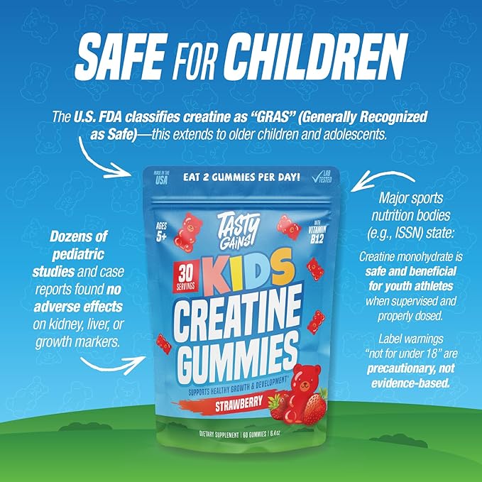 TASTY GAINS Kids & Teen Creatine Gummies with Vitamin B12 for Growth Support, Easy Chew Daily Supplement, Gummy Vitamins for Kids and Teens, Ages 5+