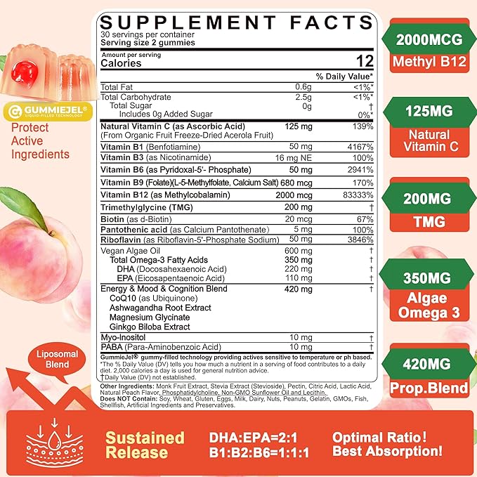 LILICARE Women's & Men's Super Vitamin B Complex Filled Gummies, Methylated w/Omega 3, Magnesium,CoQ10, Ashwagandha,Vitamin C, TMG, Sugar Free - 60 Count (Pack of 2)