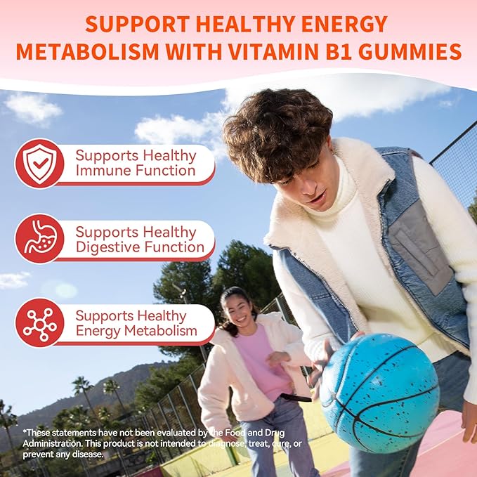 Vitamin B1 Gummies 500mg with Benfotiamine – Thiamine Supplement for Women & Men Supports Healthy Energy Metabolism & Immune, Sugar-Free | Vegan | Non-GMO, Natural Strawberry Flavor, 60 Count