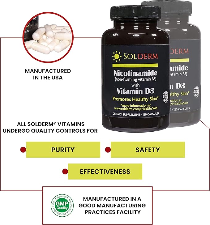 Nicotinamide Non-Flushing Vitamin B3 and D3 Supplement | Vegetarian and Gluten-Free Oral Nicotinamide Supplement with Vegetable Cellulose Casings | Promotes Healthy Skin | 60 Capsules | 500mg