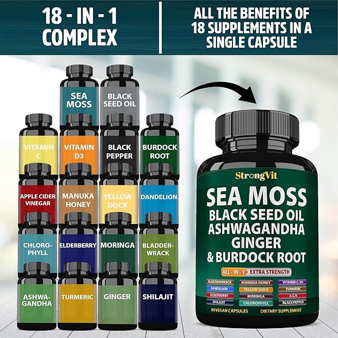 Sea Moss Black Seed Oil Ashwagandha Ginger, Organic Sea Moss Capsules with Burdock Root, Irish Seamoss Pills with Bladderwrack, Advanced Multimineral Supplement, USA