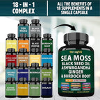 Sea Moss Black Seed Oil Ashwagandha Ginger, Organic Sea Moss Capsules with Burdock Root, Irish Seamoss Pills with Bladderwrack, Advanced Multimineral Supplement, USA