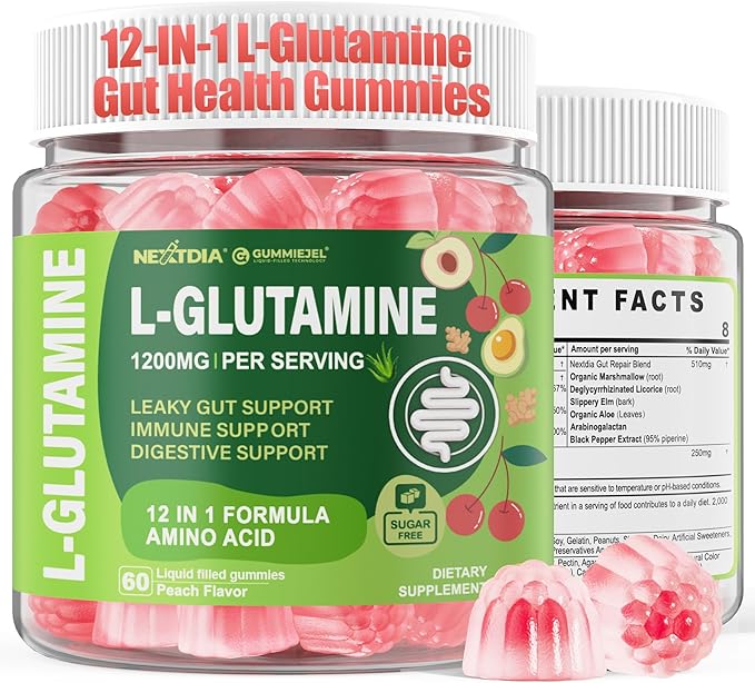 L-Glutamine 1200mg Gut & Immune Support Gummies,Leaky Gut Repair Supplement with Slippery Elm,Marshmallow Root,Ginger Root,Arabinogalactan,Organic Aloe,Vitamin C,Vitamin D3,Zinc,Sugar-Free | 60 Count